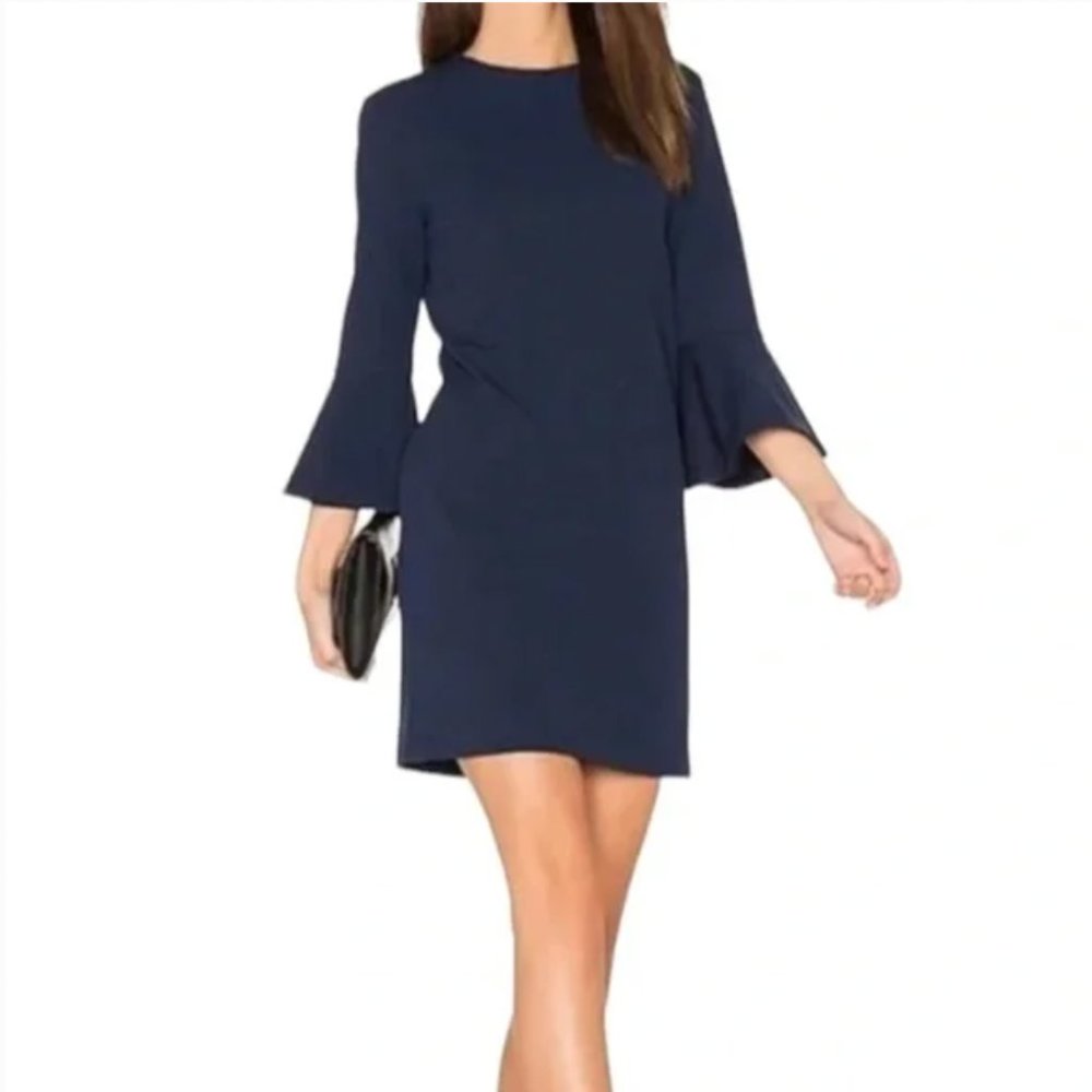 TIBI navy blue crepe bell sleeve shift dress